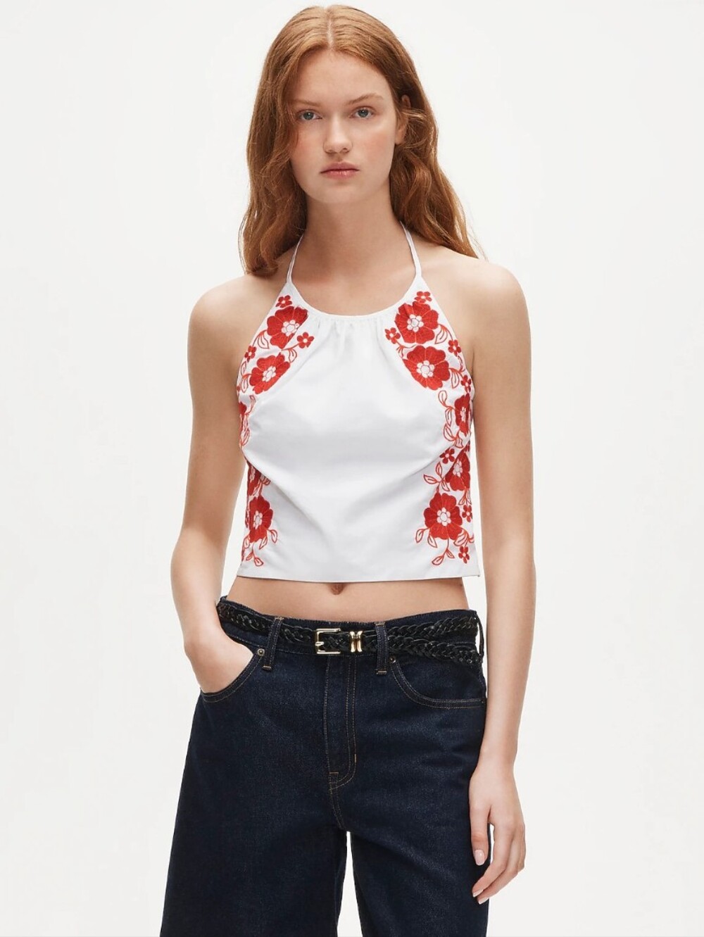 J.Crew Cotton Halter tank top with floral embroidery Size S